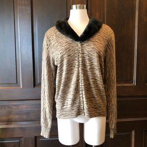 Liz Claiborne Sz L Animal Print Cardigan Sweater Wool Angora Blend Detach Collar